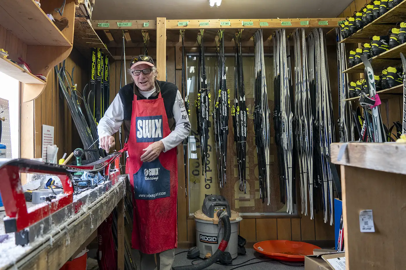 Toby Morse at Odin Recreation in Mesa, Colorado, tuning cross country skis.