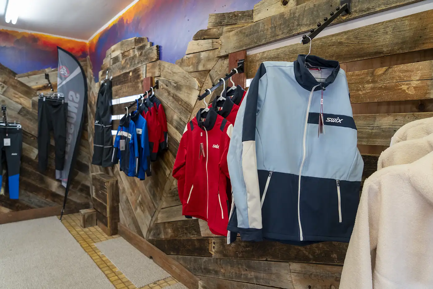 A selection of cross country/Nordic ski clothes and accessories, including Swix brand, at Odin Recreation in Mesa, Colorado, on the way to Grand Mesa.