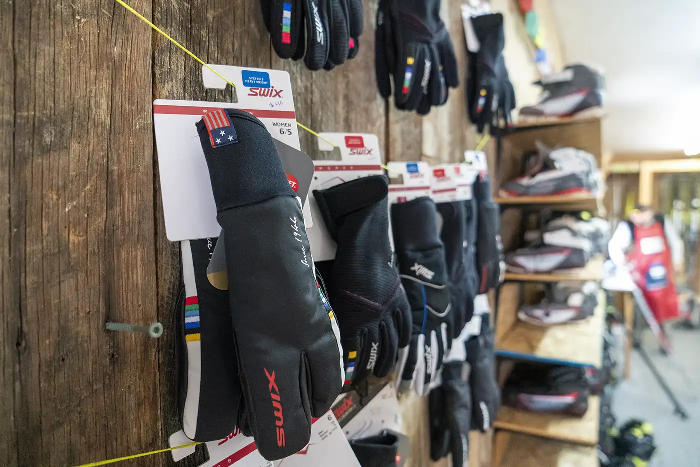 Cross country ski and snowshoe accessories, such as Swix gloves and baselayers, at Odin Recreation store in Mesa, Colorado, on the way to Grand Mesa, Colorado.